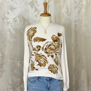 Jones New York Signature White‎ Long Sleeve Top Floral Print Women's Size L